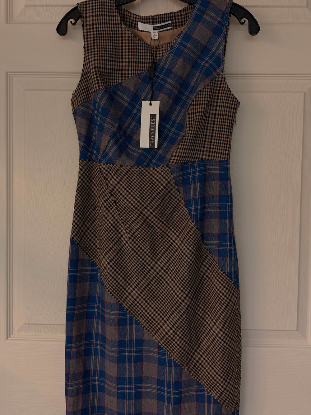 Tracy Reese One-Shoulder Blue and Brown Plaid Patchwork Dress